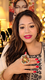 Oversized multicolor square statement ring with a gold-tone center and pearl border