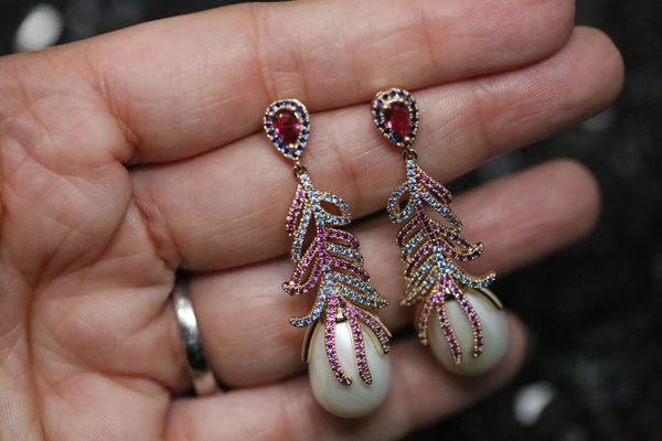 Stone Feather Subtle Statement Earrings with Pearls-GTLE048