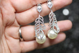 Stone Feather Subtle Statement Earrings with Pearls-GTLE048