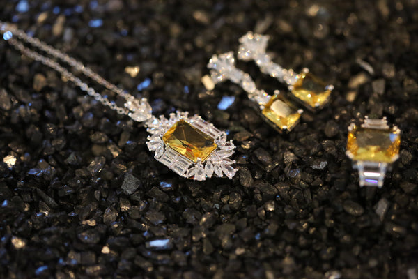 AD Diamond and Citrine Necklace, Earrings, Ring Set