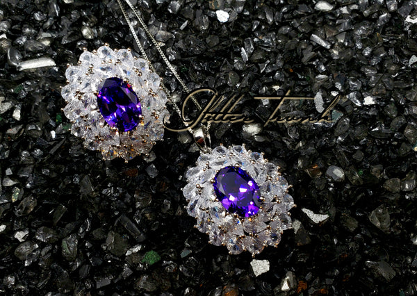 Preorder Natalie American Diamond Amethyst Cluster Necklace and Ring Set